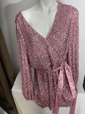 Premier Rose Pink Sequin Wrap Dress with Satin Tie
